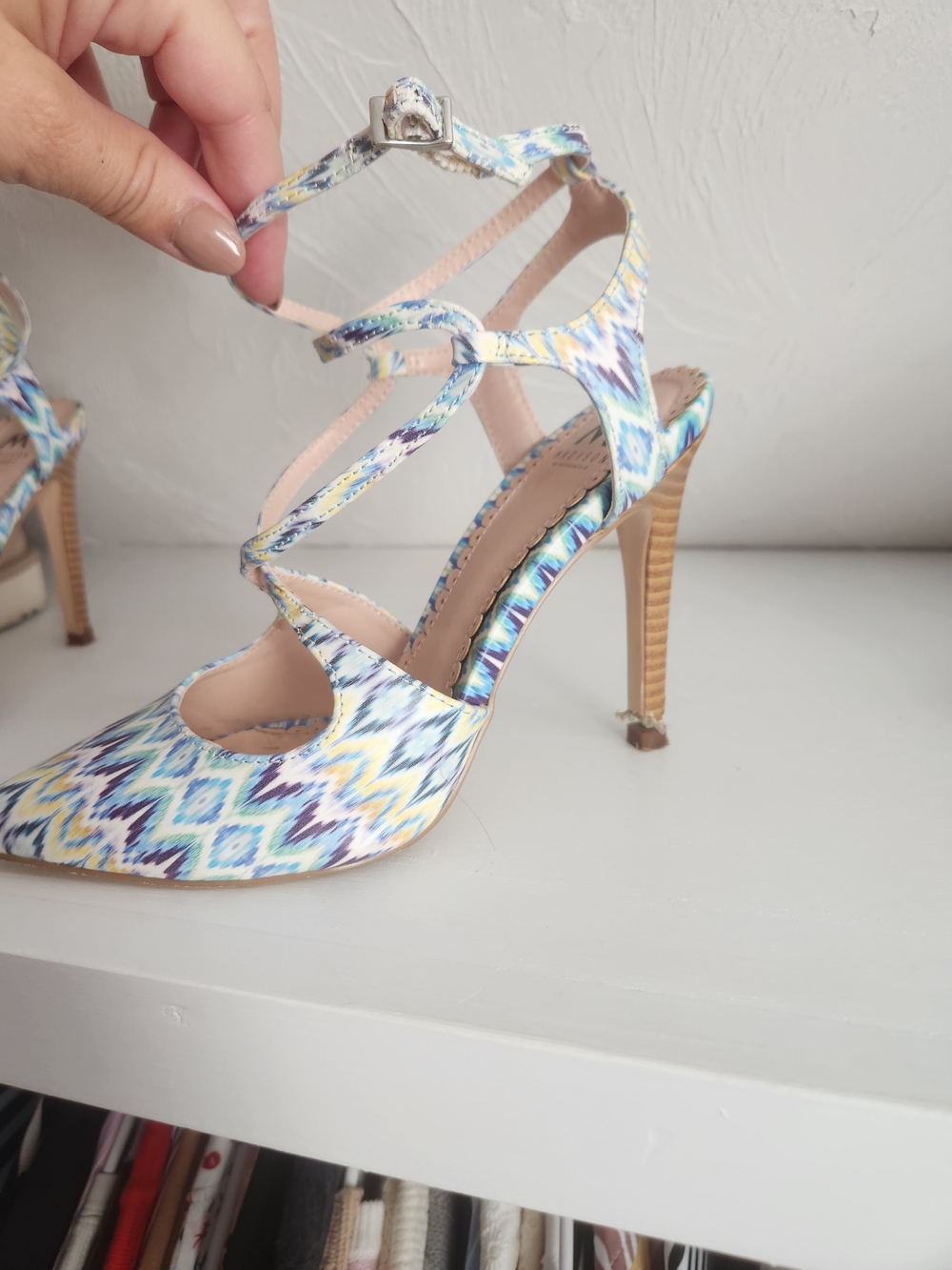 Shoe Dazzle Blue and Yellow Ikat Strappy Pointed-Toe Heels